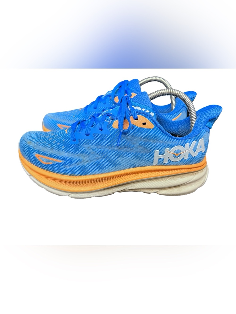 Hoka Clifton 9 Men size 8.5 D Athletic Shoes - Vivid Blue with Orange Accents - Picture 2 of 9